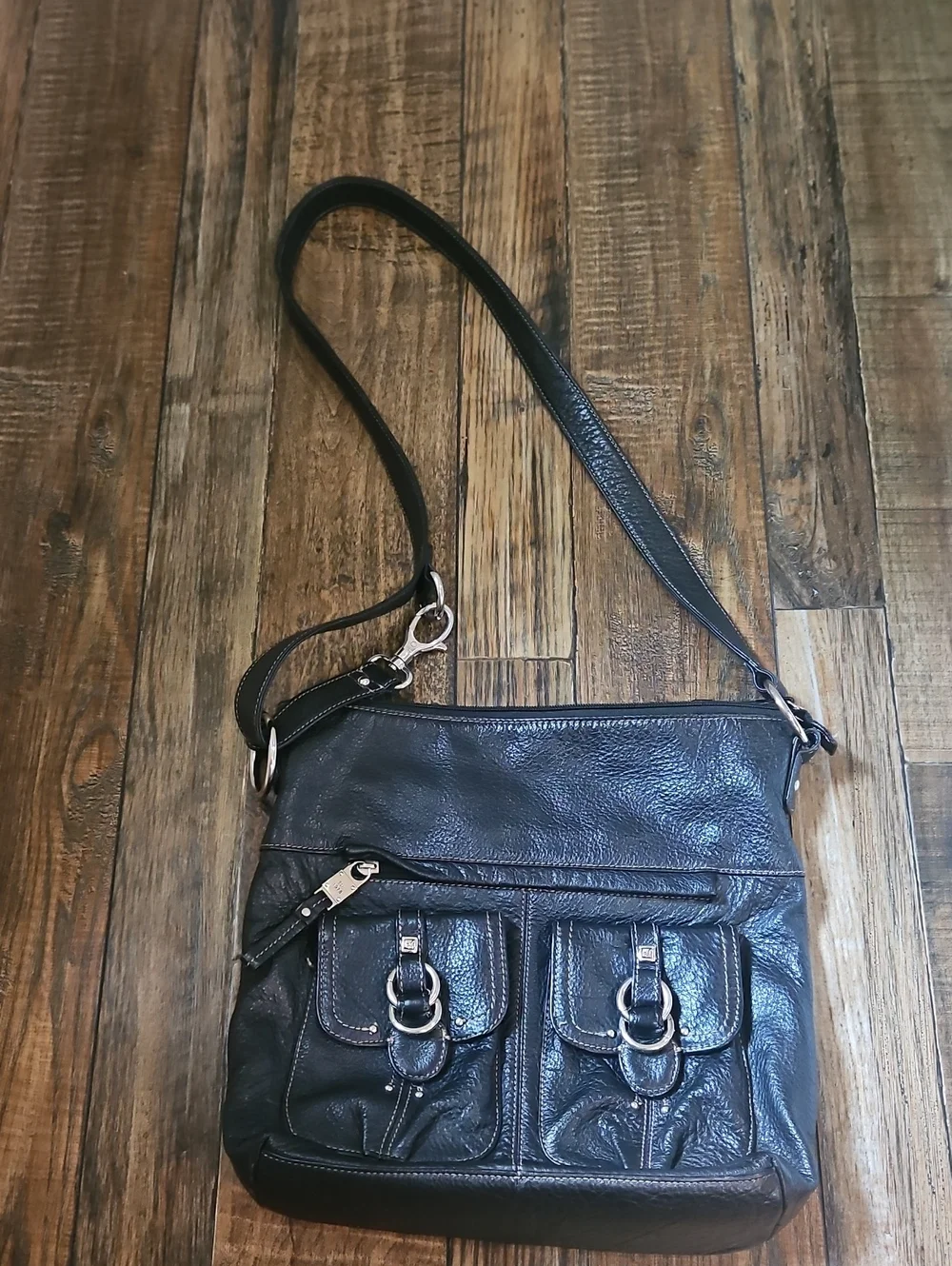 Stone Mountain Black Pebbled Leather Hobo Crossbody Bag with Dual Front‎ Pockets